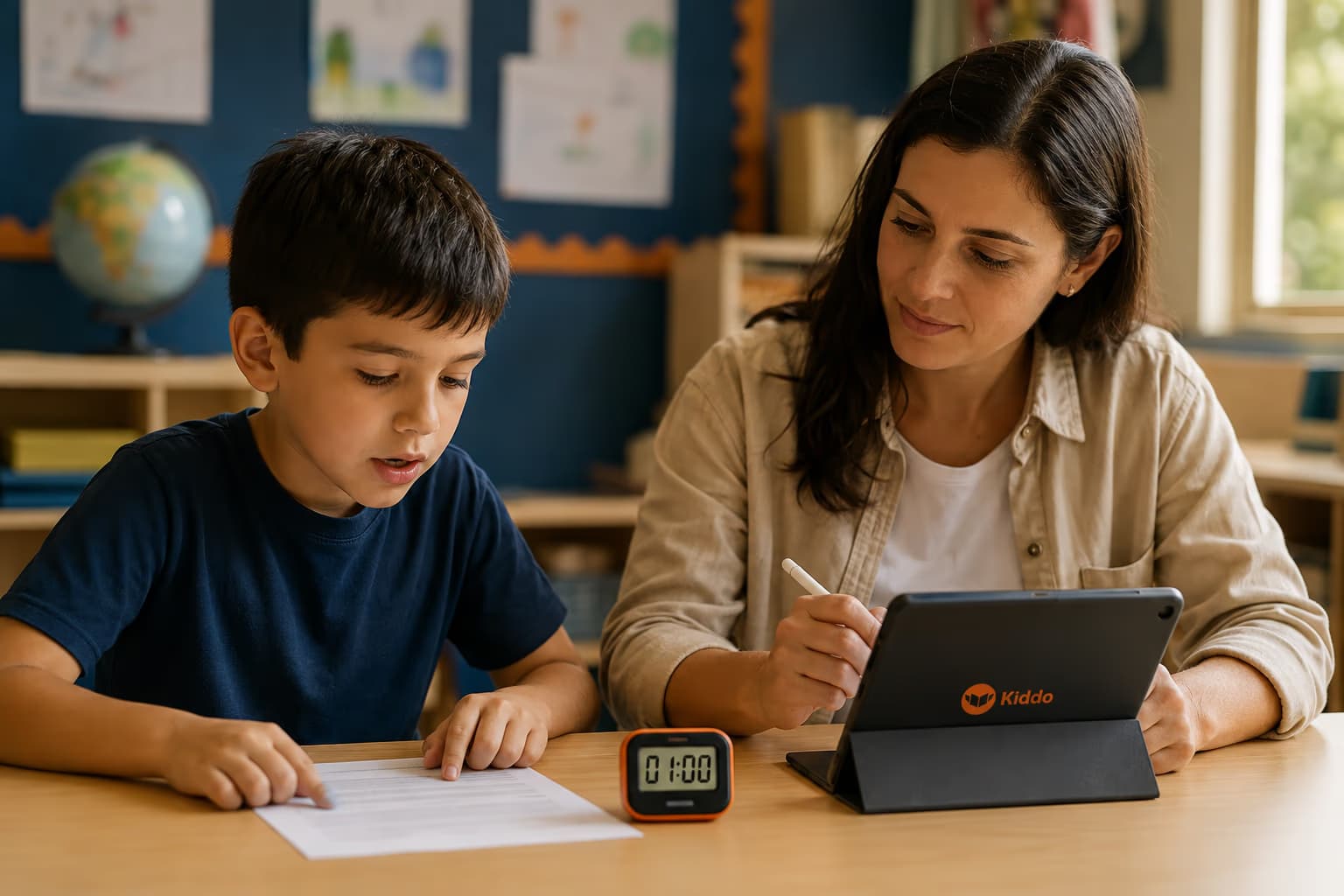 Student reading aloud with a teacher during a brief assessment